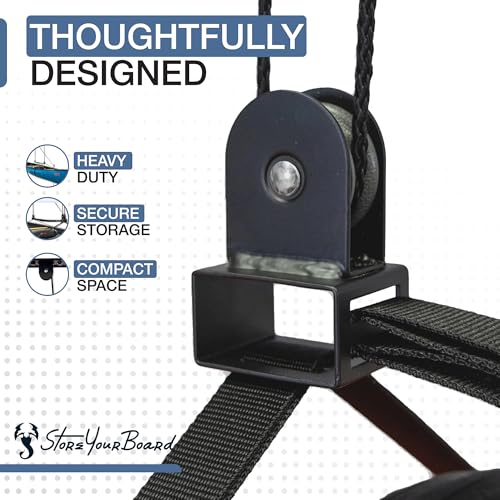 StoreYourBoard Ladder Storage Ceiling Pulley System, Garage Mount Hoist, Heavy Duty Hanging Organizer Holds 150 lbs