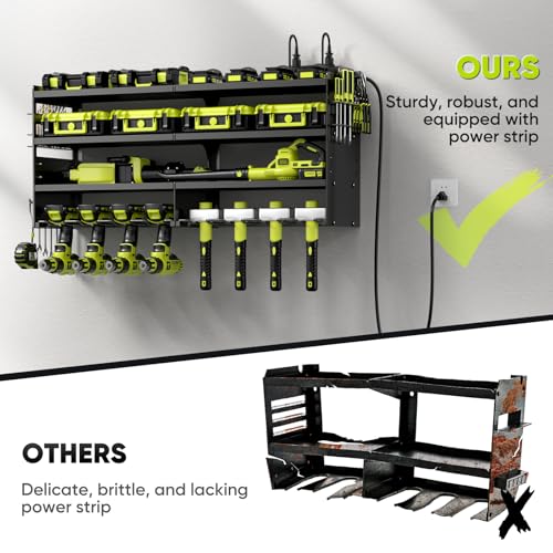 POKIPO Large Power Tool Organizer Wall Mount with Charging Station,4 Layer Heavy Duty Metal Tool Storage Rack Loads 600lbs with 8 Cordless Drill Holder,Battery Utility Rack Loads with 4 Power Strip