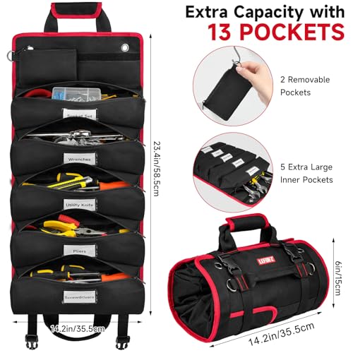 Tool Bag,Large Roll Up Tool Bag Organizer,13 Pockets Tool Roll Storage Pouch,Heavy Duty Portable Tool Storage Carrier Bag for Men,Mechanic,Electrician,Valentines Day Gifts for Men,Black/Red
