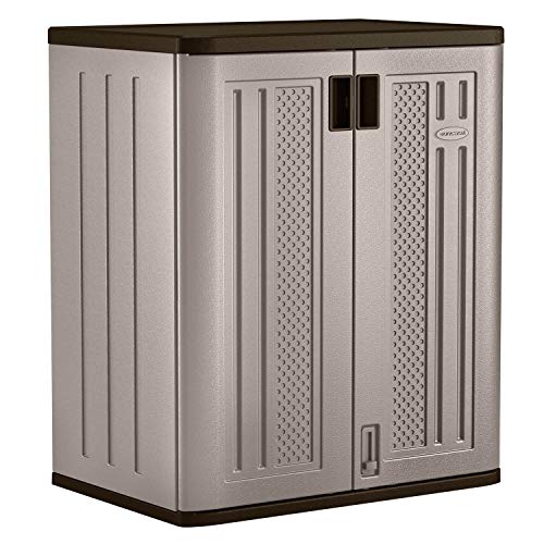 Suncast Base Storage Cabinet for Garage Organization - 9 Cu. Ft. Lockable 2-Shelf Organizer for Garden Supplies, Paint Cans & Outdoor Tools, Multi-Wall Resin Construction, Platinum
