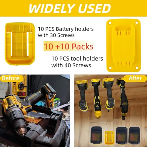 Ryzljss 20 Pack Tool Battery Packs Mount Bracket Compatible with Dewalt 20V 60V Battery Drill Tools, 10 PCS Tool Mount Bracket and 10 PCS Batteries Packs Mount Bracket with Screws