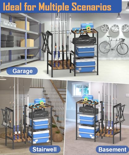 Tigerden Fishing Rod Holders for Garage, Fishing Pole Holder Stand with Multifunctional Hook, 4 Tier Fishing Gear Equipment Organizers Rack, Fits Most Rods of 1.57" for Home Entryway Corner, Black