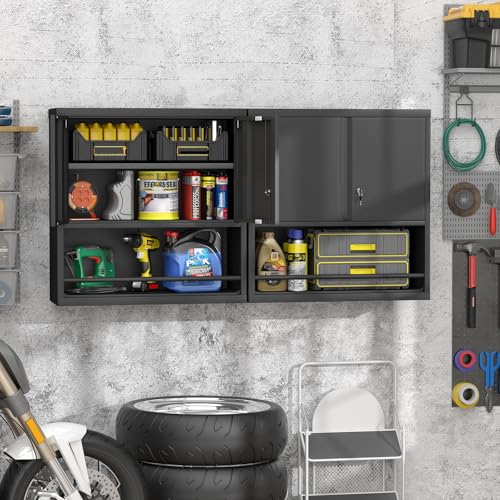 GREATMEET Locking Wall Mounted Garage Cabinet, Black Metal Steel Hanging Storage Cabinets, Lockable Tool Cabinet for Garage Shop, Floating Wall Mount Cabinet