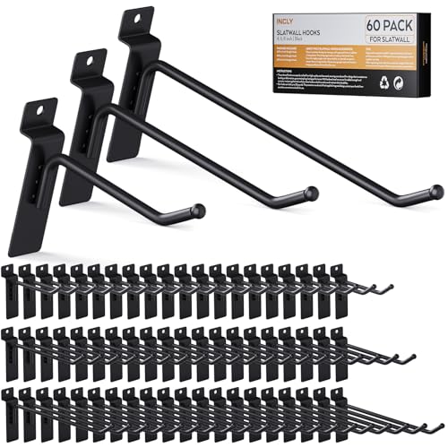 INCLY 60 Pack Slatwall Hooks, 4/6/8 Inch Heavy Duty Black Slat Wall Hanging Hook and Hanger, Slatwall Panel Accessories Assortment Display Hooks for Garages, Sheds, Basements, Retail Stores