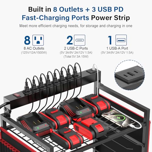 JUNNUJ Garage Large Power Tool Organizer Cart with 8 Outlet 3 USB Charging Station, Floor Rolling Drill and Tools Battery Storage Cart on Wheels, Heavy Duty Utility Rack Shelf with Power Strip