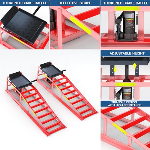 2 PCS Hydraulic Car Ramp, 5T Heavy-Duty, Red,Lifting Height 9.8-15 in