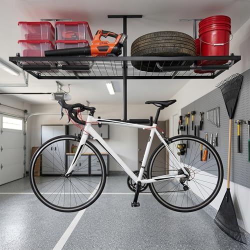 kenaeooe 4 Pack Overhead Garage Storage Hooks Heavy Duty Ceiling Mount Hangers Double T-Bar Steel Ladder Rack Space Saving Utility Hooks for Bike, Lumber, Pipe, Fishing Rod, Sports Equipment, Black