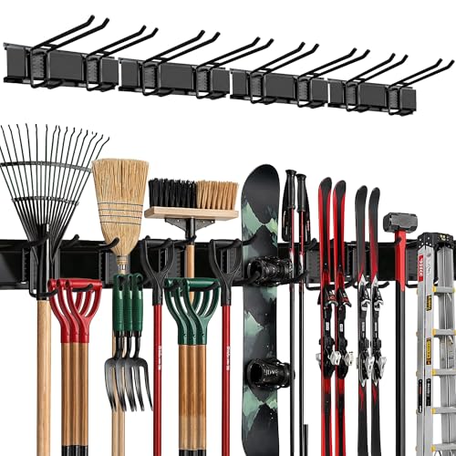 TIDYME Garage Wall Organizer | 64" Heavy-Duty Tool Storage Rack | Adjustable Double-Layer Hooks | 400 lbs Capacity | Carbon Steel Wall Mount Holder for Shovels, Rakes, Ladders & Power Tools