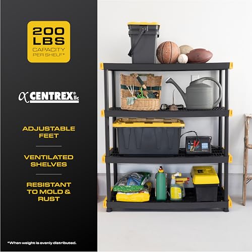 CX Black & Yellow, 4-Tier Heavy Duty Plastic Storage Shelves that Support up to 200lbs/shelf, Organization and Storage, Weather-Resistant Design, Easy Assembly (55"H x 48"W x 20"D)
