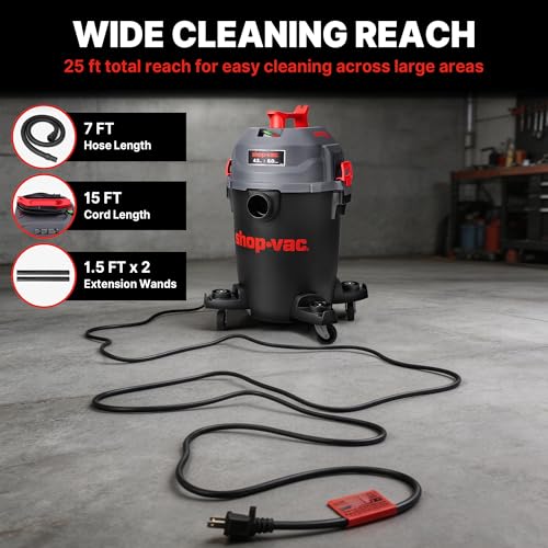 Shop-Vac 6 Gallon Ultra Quiet Shop Vacuum Wet and Dry, 4.5HP Powerful Suction Wet/Dry Vacuum with Attachments, 1-7/8 in. x 7 Ft Hose, 15 Ft Cord, Ideal for Jobsite, Garage, Workshop & Home, 5430541