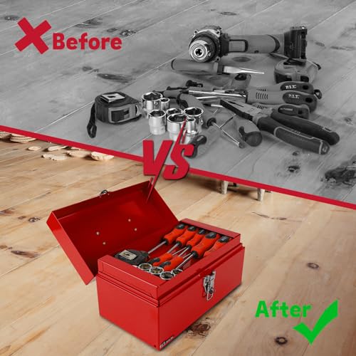P.I.T. 12 Inch Tool Box,Portable Small Steel ToolBox with Metal Latch Closure for Household, Warehouse,Tools Storage,Red