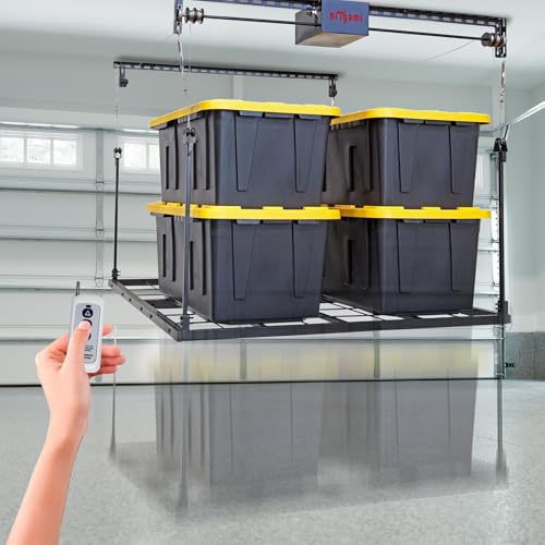 Origami Motorized Garage Ceiling Storage Rack, 52" x 25" Heavy-Duty Overhead Lift System with 250 lbs Capacity for Storing Decorations or Equipment