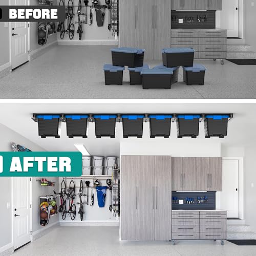 EVERHANGER Ceiling Storage Rack, Heavy Duty Overhead Storage Rack for Garage, Adjustable Ceiling Bin Storage System, 8 Sets for 7 Bins, 16 Inch