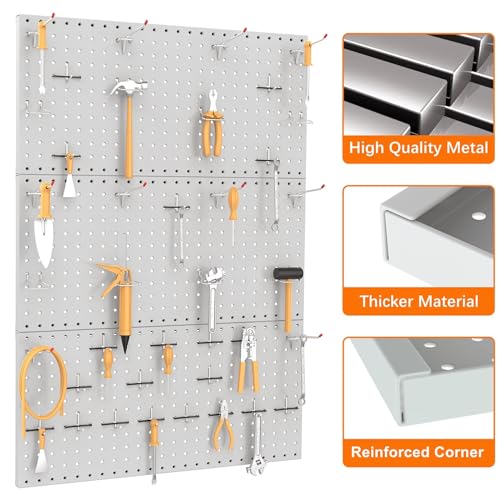 TORACK 3 PCS Metal Pegboard Panels(12x24 inch) for Wall Garage Utility Tools Storage Pegboard for Workbench, Modular Peg Board Tool Organizer Boards(Pack of 3, Grey)