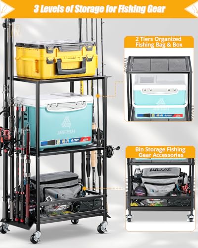 EXTCCT Fishing Rod Holder - Fishing Pole Rack for 10 Rods - Adjustable Height Fishing Gear Equipment Organizer Storage Solution for Garage Basement or Indoor