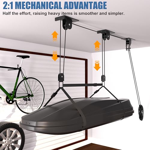 KOSEOO Cargo Box Pulley System for Garage Storage, Heavy-Duty Kayak/Canoes/Bikes/Ladders Ceiling Hoist, Hold Up to 150 lbs Capacity, Fit 10-18 Foot Ceilings, Black