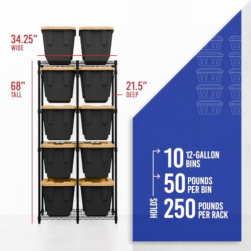 SafeRacks Bin Storage Rack for 12 Gallon Storage Totes – Includes 10 Bins - Garage or Holiday Decoration Organization, NSF Certified, Heavy Duty Steel 21.5"x34.25"x68" (Black)