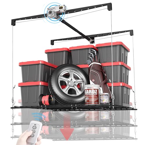 KOKORACKER Motorized Garage Ceiling Storage Racks with Remote Control, 4x4 FT Overhead Garage Storage Rack, Heavy-Duty Lift Storage System, Space-Saving Hanging Shelves, 250 Lbs Capacity
