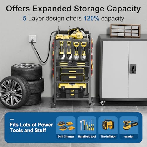 CFMASTER 5-Tier Power Tool Organizer Cart with Charging Station - 8 AC Outlets, 300 lbs Heavy Duty Utility Rack, Rolling Drill Holder & Tool Storage Cart on Wheels for Garage, Workshop, Gift for Men