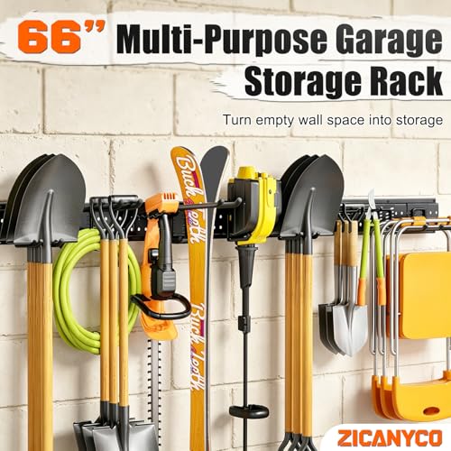 ZICANYCO Garage Tool Organizer Wall Mount 66 inches with 13 Adjustable Heavy-Duty Hooks, Garage Organization, Garden Tool Storage Rack for Garage, Yard, and Shed, Holds Up to 520 lbs