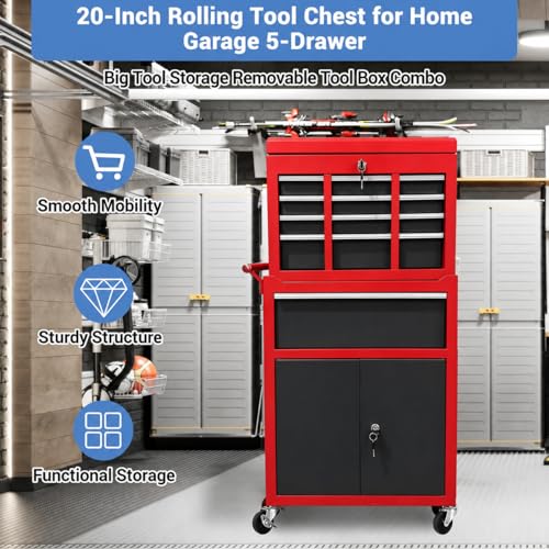 Heavy Duty 5 Drawer Tool Chest, Rolling Tool Box Cabinet on Wheels, 2-in-1 Detachable Metal Tool Storage Organizer for Garage and Workshop, Locking Steel Tool Cart with Portable Top Tool Box,Black&Red