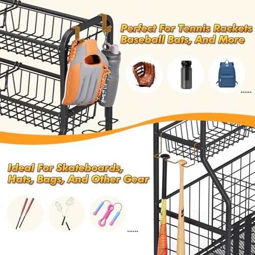 APEXCHASER Heavy Duty Sports Equipment Organizer, Garage Ball Storage Rack with Baskets & Hooks, Ball Organizer for Garage, Rolling Storage Cart for Basketball, Soccer Balls, Toys & Outdoor Gear