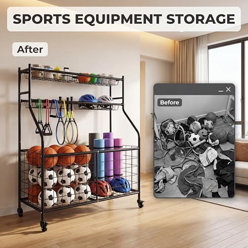Garvee Ball Storage Cart, Sports Equipment Garage Organizer with Wheels for Sports Gear and Toys, Rolling Indoor/Outdoor Storage Cart