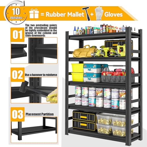 Bezuny Garage Shelving Heavy Duty Metal Shelving 48" W x 24" D x 73" H 3000LBS Storage Shelves Adjustable Metal Shelves for Storage Industrial Garage Shelf for Warehouse Basement 5-Tier Black