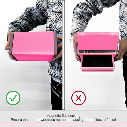 P.I.T. Mini Tool Box 8.6"W X 4.6"D, Portable 3 Drawer Steel Stackable Pink Tool Box with Magnetic Tab Locking, Pink Micro Top Chest with Liner for Tools Storage and Organizers, Home DIY