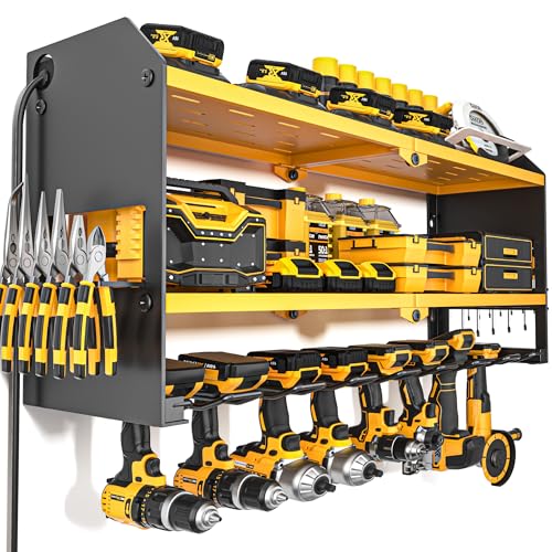 YYR Power Tool Organizer with Charging Station Wall Mount, Cordless Drill and Battery Holder for Garage Organization, Electric Tools Storage Rack Build in Surge Protection Power Strip - Yellow Shelf