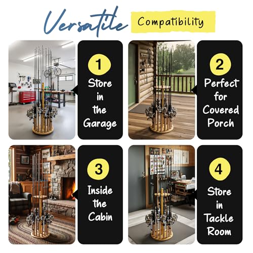 Rush Creek Creations Round 16 Fishing Rod Storage Rack - Features Traditional Handcrafted Wood Post - No Tool Assembly, Wood Grain Laminate