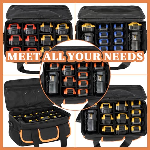 WELIDAY Storage Bag for Dewalt Battery, Tool Battery Carrying Case for Dewalt/Milwaukee/Makita 12V/20V/60V Batteries & Chargers with 11 Adjustable Dividers and Shoulder Strap (Bag Only)