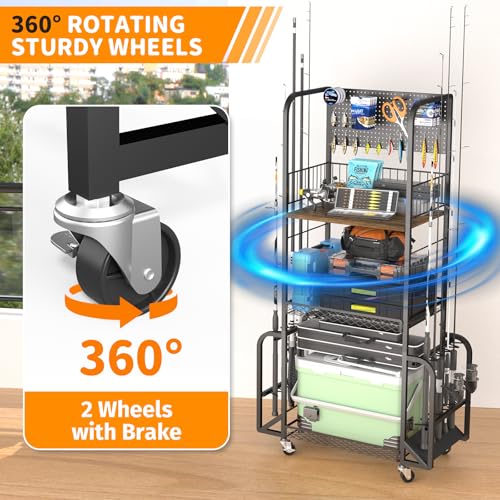 Geznhs Fishing Rod Holders for Garage - Rolling Fishing Pole Rack Organizer with Pegboard & Lockable Wheels, 3 Tier Fishing Gear Storage Holds 10 Rod & Reel Combos, Tackle Box Organizer for Anglers