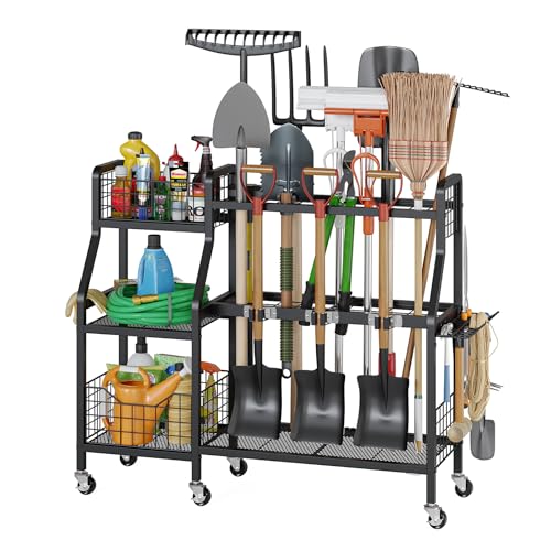 keomaisyto Garden Tool Organizer with 6 Wheels(3 lockable), Heavy Duty Yard Tool organizer with 2 Basket, Large Metal Garage Tool Organization and Storage for Garage/Shed/Yard/Broom Closet/Lawn