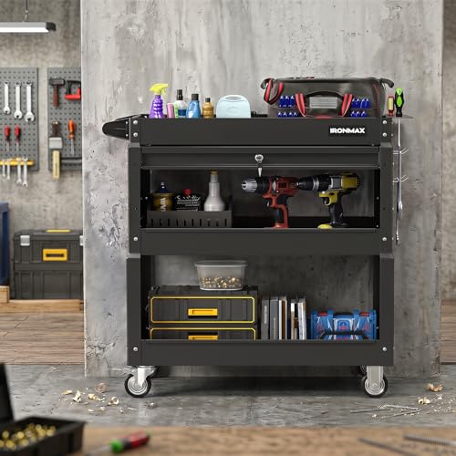 Goplus 3 Tier Rolling Tool Cart with Lockable Drawer, Heavy Duty Metal Utility Cart on Wheels with Pegboards & Hooks, Mechanic Tool Storage Organizer for Garage, Warehouse & Workshop (Black)