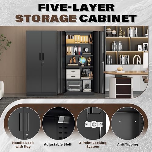 Incbruce 72” Metal Storage Cabinet, Garage Cabinets and Storage System with Doors and Shelves, Tall Lockable Tool Cabinet for Garage, Office, Home (Black)