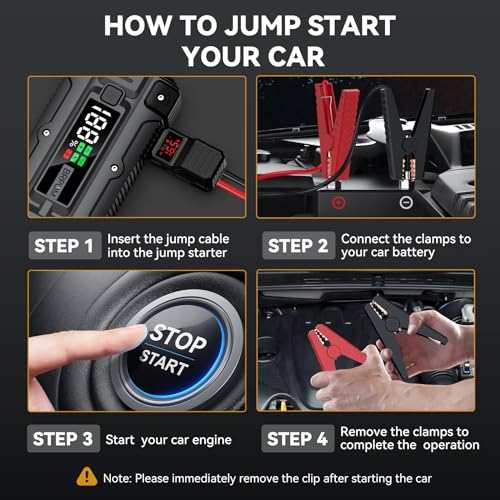 Car Jump Starter, 8000A Peak (Up to All Gas or 10.0L Diesel Engine, 50 Times) 12V Auto Booster Battery Charger Jump Box with Quick Charger Smart Jump Cables with LED Screen