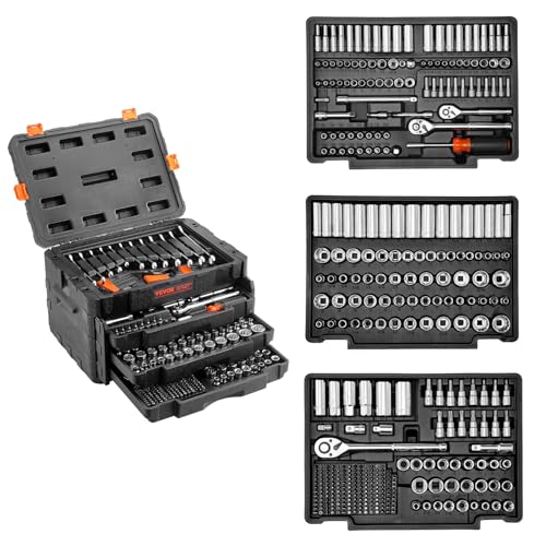 VEVOR Mechanics Tool Set and Socket Set, 1/4" 3/8" 1/2" Drive Deep and Standard Sockets, 450 Pcs SAE and Metric Mechanic Tool Kit with Bits, Combination Wrench, Hex Wrenches, Accessories, Storage Case