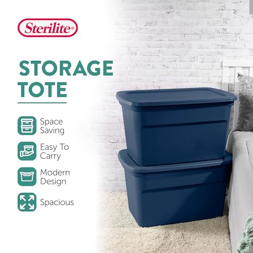 Sterilite 6-Pack Tote, Plastic Storage Bins with Snap Lids, 30 Gallon, Marine Blue - Stackable Home Organizers with In-Molded Handles for Bedroom, Garage, Basement and Attic