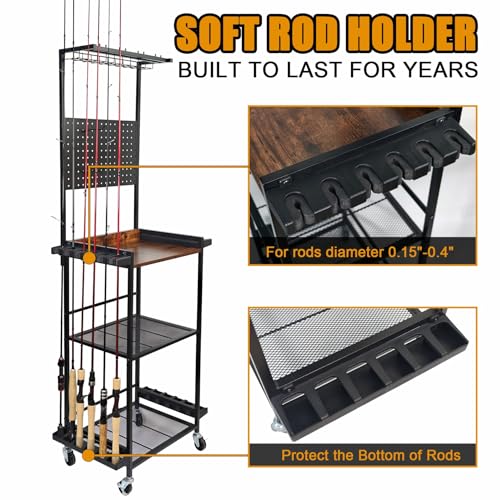Aventik Fishing Rod Holders For Garage, 3-Tier Fishing Rod Rack Store 12 Rods& 8 Reels, Heavy Duty Pegboard Freestanding Rod Rack