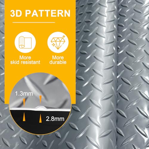 7.5x25 FT Garage Floor Mat, 2.8mm Thickened Flooring Roll Under Car Mat with 20Pcs Tapes, Diamond Plate, Non-Slip Floor Protector Mat for Trailer, Garage, Warehouse, Gyms, Trailer, Gray