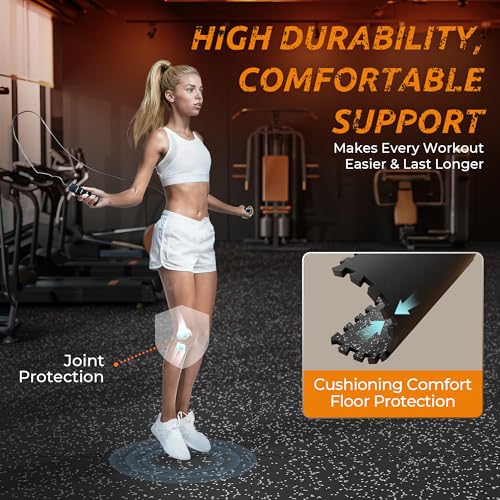 PRAISUN 0.6" Thicker Rubber Top Gym Flooring for Home Gym, 12 Pcs 48 Sq Ft Workout Mats, Exercise Mat, Interlocking Rubber Floor Mats with High Density EVA Foam for Garage, 24 x 24in, Black/Grey