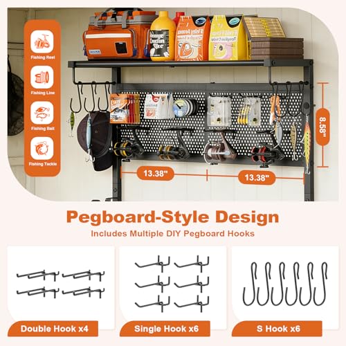Olakee Wall Mount Fishing Rod Holders, Large Capacity Fishing Pole Holders for Garage Organizer, Horizontal Fishing Pole Rack Holds Up to 6 Rods with Pegboard & Hooks, Ideal Gift for Men Dad Anglers