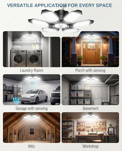 BRAINIAC Motion Sensor Garage Light with 3 Switch Modes, E26/E27 Screw in Garage Lights Ceiling LED Motion Activated for Garage/Shop/Porch-150W 15000LM 6000K