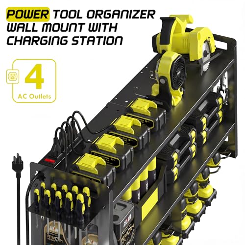 TOPRINCE Large Power Tool Organizer Wall Mount with Charging Station, 3-Tier Heavy Duty Metal Tool Rack with 8 Drill Holders and 6FT Power Strip, Garage Workshop Storage.Black