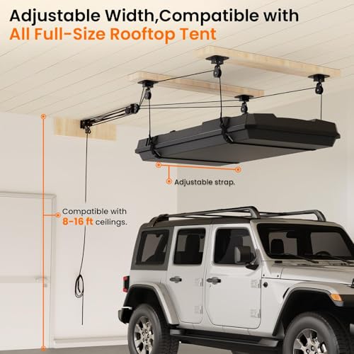 Pacikwest Garage Ceiling Storage Lift System Roof Top Tent Hoist, Heavy Duty Overhead Pulley System for Garage Storage Rack, 4-Point Lift 250lb Capacity, Adjustable Straps Fits 8-16ft Ceiling