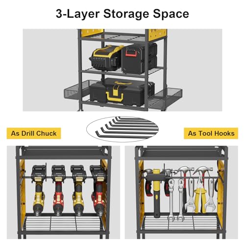 Power Tool Organizer Cart with Charging Station, Heavy Duty Garage Tool Organizer Rolling Tool Battery Storage with 8-Outlet Power Strip, 4 Wheels, 2 Hanging Baskets, 8 Hooks, Drill Bit Holder, Yellow