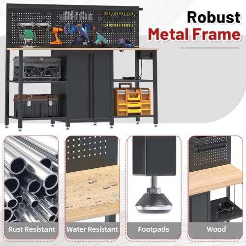JFHID 60’’ Workbench and Garage Cabinet Storage System 2000LBS Heavy Duty Work Bench Table with Top Storage Panel Wrench Holder Hammer Rack Hooks Screwdriver Rack Charge Station Tool Organizer