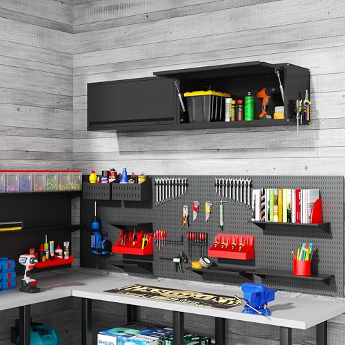 Yoonkool Metal Garage Wall Cabinet, Floating Garage Tool Cabinets with Up-Flip Door,13.8''H Hanging Wall Mounted Storage Cabinet for Garage, Warehouse, Kitchen, Bathroom, Workshop, RV, Black
