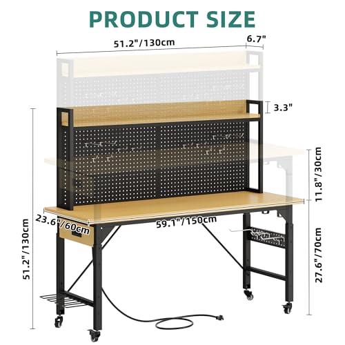 YITAHOME 60" Adjustable Workbench with Pegboard, Wheels & 1600 LB Capacity, Rolling Work Table with AC/USB Outlets, Hooks, and Rack, Heavy-Duty Work Bench for Garage, Workshop, Office, or Home
